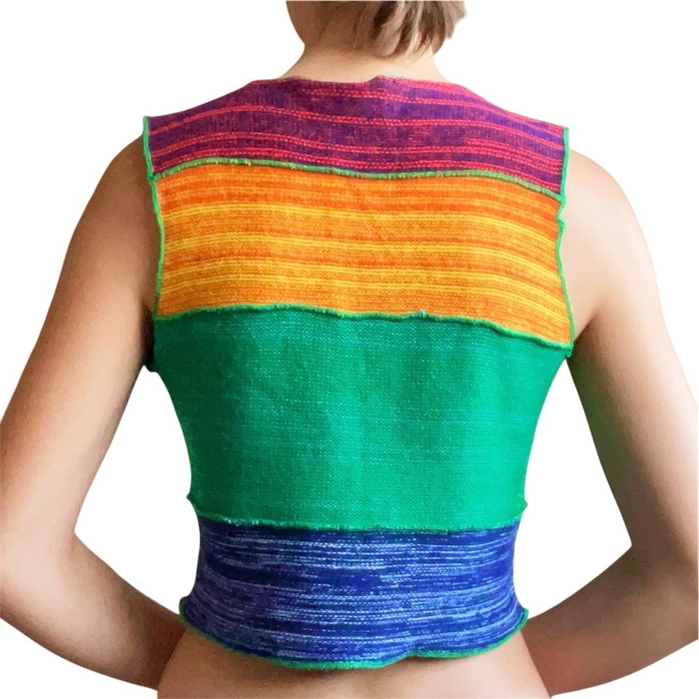 Vintage rainbow colorful knit sweater vest button up cropped v neck small stripe - Picture 7 of 7